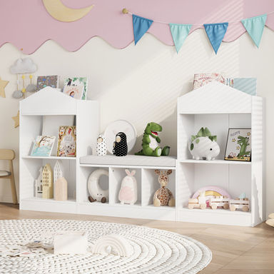 68.9“ Kids Bookshelf With Reading Nook, Toy Storage Organizer With Seat Cushion And 7 Storage Cubbies, Wooden Kids Bookcase, Toy Organizers And Storage For Nursery, Playroom, White