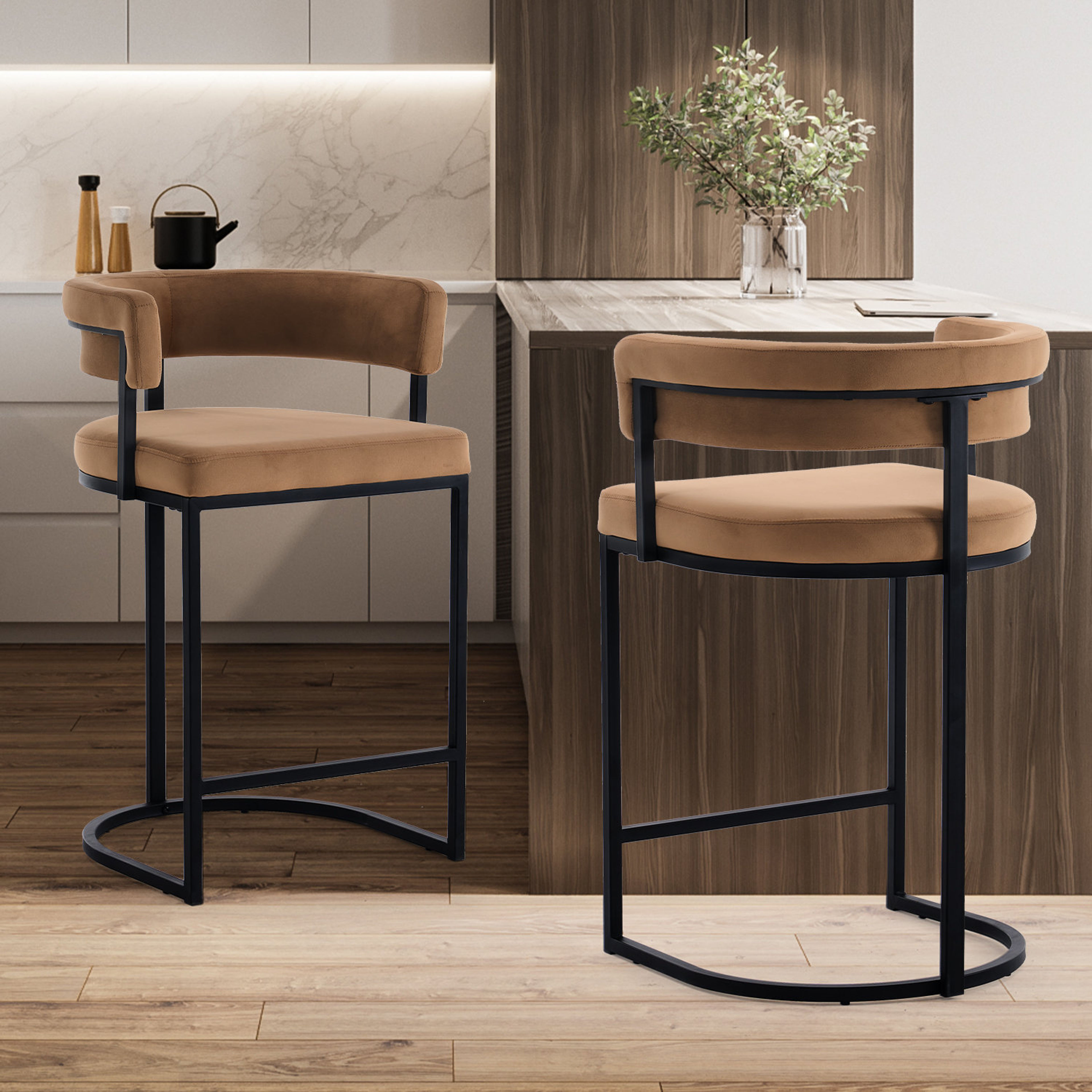 Everly Quinn Velvet Bar Stools with Barrel Back - 25.6" Seat Height