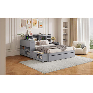 Full Wooden Platform Bed With Multi-Functional Storage Space, Nightstand, 2 Drawers, USB Ports And Desk