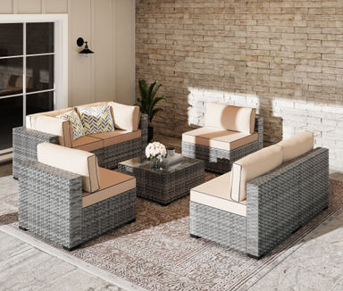 6 - Person Outdoor Rattan Patio Set with Cushions