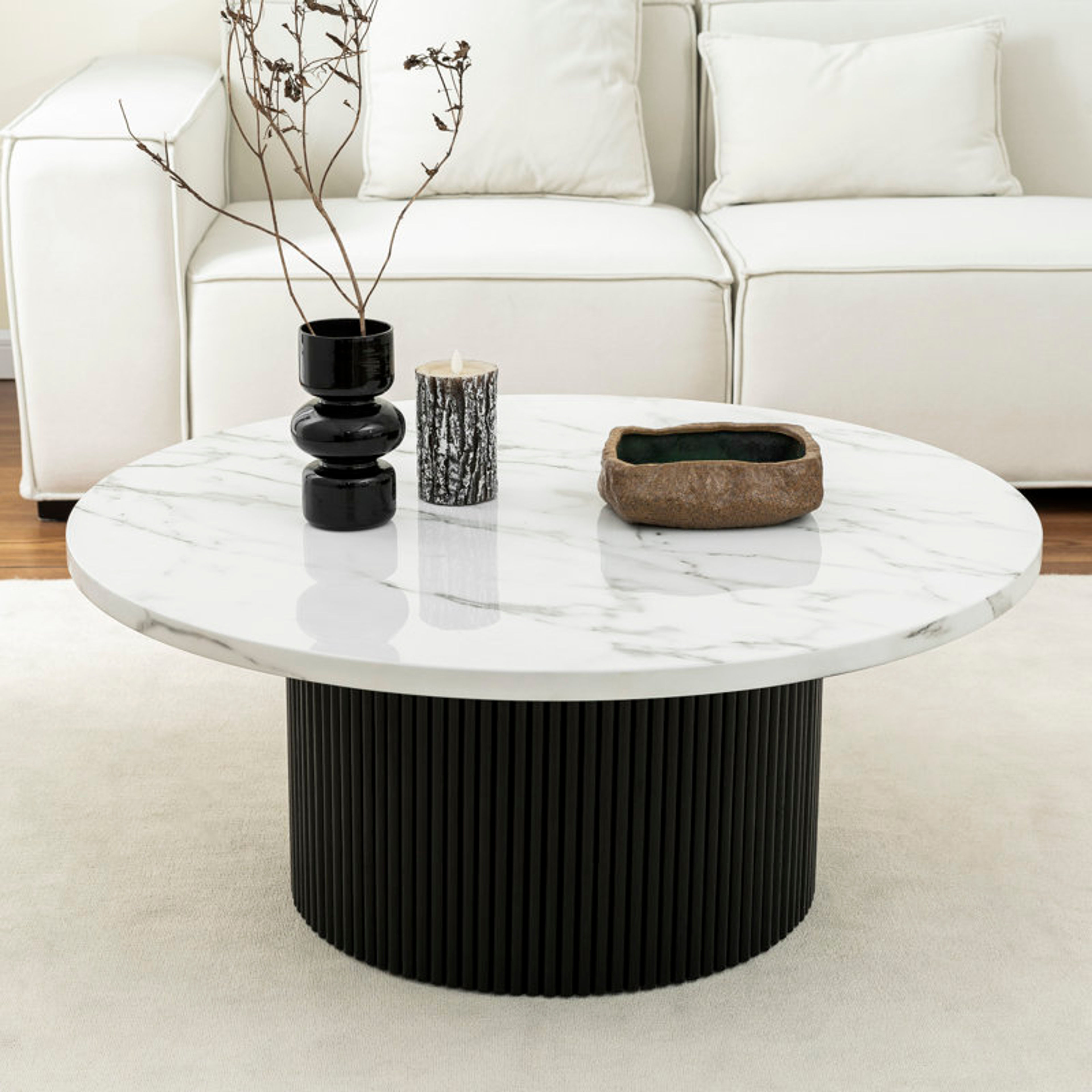 35" Round Marbled Wood Coffee Table with Black Base