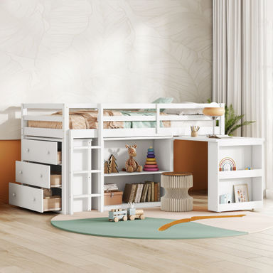 Harriet Bee Solid Wood Low Loft Bed With Desk, Shelves, 3 Drawers | Wayfair