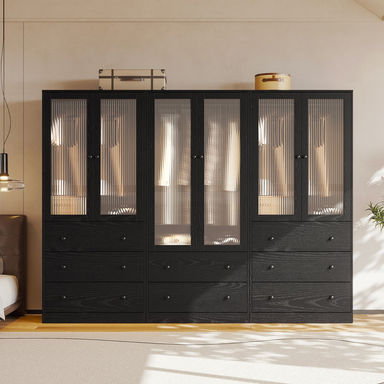 20"D x 94.5"W x 71"H Modern Armoire With Soft-Close Doors — Fluted Glass Wardrobe Closet With Shelves & Drawers