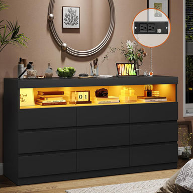 9 Drawer Dresser For Bedroom With Led Lights, Large Chest Of Drawers Handle Free, Modern Long Dressers With Charging Station,for Living Room,cloakroom,entryway
