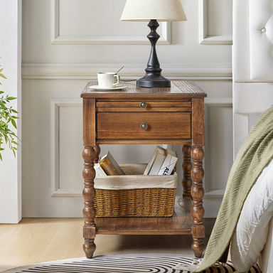 Lashena Traditional 26" Tall Solid Wood End Table with Extendable Tray and Built-in Charging Outlets