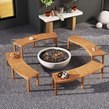 4 Pcs Outdoor Curved Bench With Slatted Seat Solid Acacia Wood For Yard