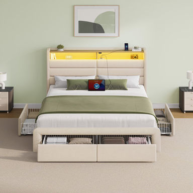 Bed Frame with 4 Storage Drawers and LED Lights, Upholstered Bed with Headboard and Charging Station