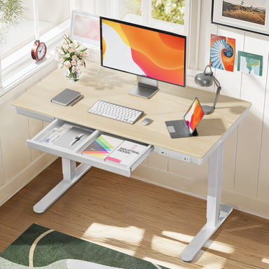 Inbox Zero Flavio Height Adjustable Standing Computer Desk With Drawer and USB & Type-C Ports For Home Office & Reviews | Wayfair