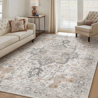 Roehit Beige / Brown Machine Washable Performance Area Rug with Non-slip Backing
