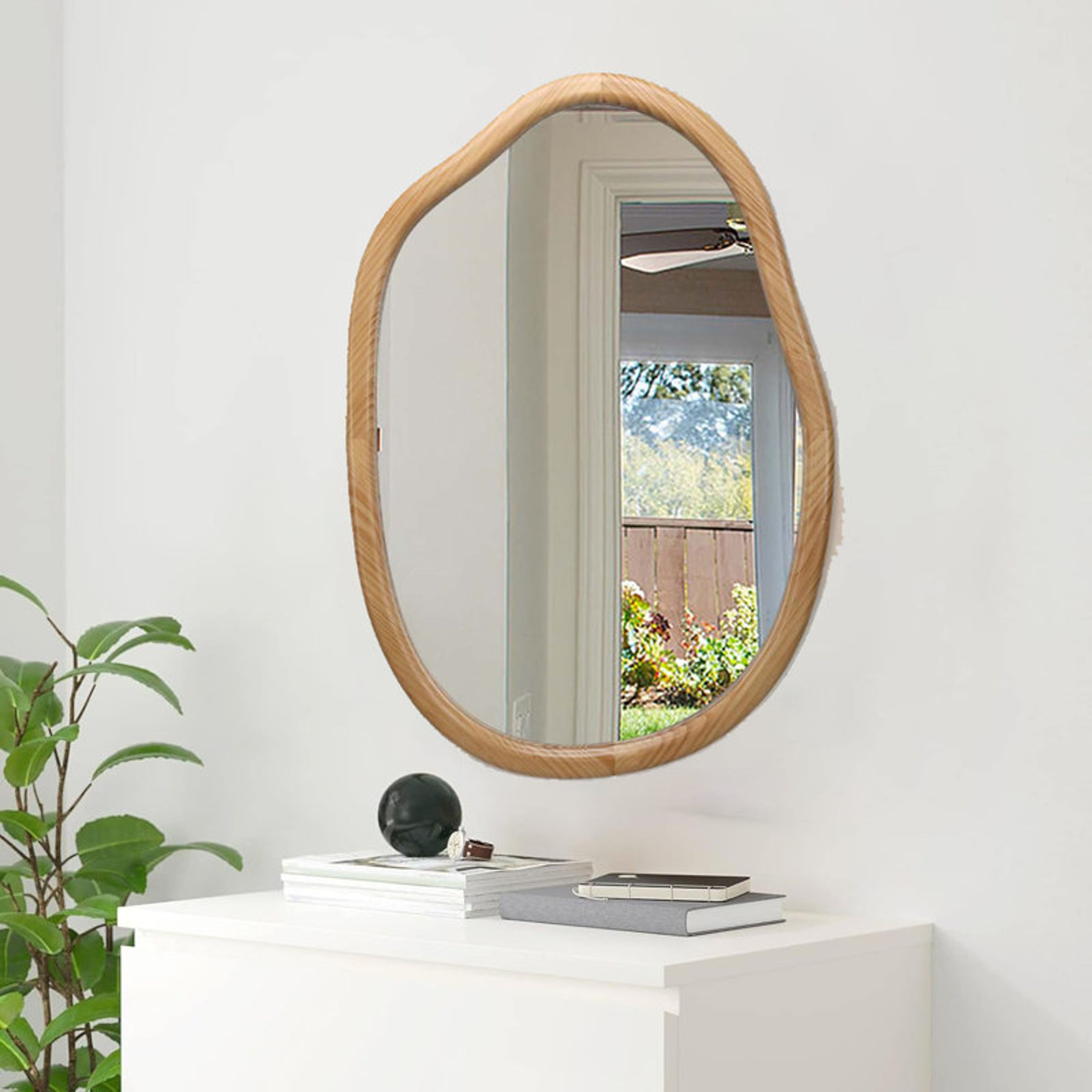 Modern Asymmetrical Wood Wall Mirror 32x22 Inch Decorative Vanity