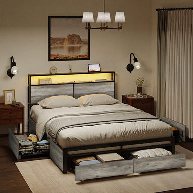 Antioch Modern Bed Frame with 4 Drawers, LED Light and Charging Station
