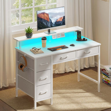 Wrought Studio™ Computer Desk with Monitor Stand & Charging Station, Gaming Desk with LED Lights & Drawers & Reviews | Wayfair