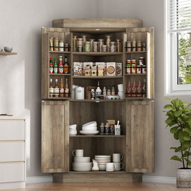 Corner Cabinet,Kitchen Pantry Storage Cabinets,Freestanding Corner Pantry Cabinet With 4 Doors And Shelves,Tall Food Pantry Farmhouse Furniture With S