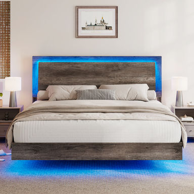 Keynen Farmhouse Floating Bed Frame with LED Light and Headboard