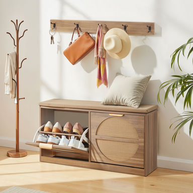 Bay Isle Home™ Entryway Shoe Storage Bench 38.9x9.4x19.7 Inch Rattan-Like Rack with Flip Drawer | Wayfair
