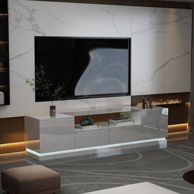 Modern LED TV Stand With Glass Shelf And Storage Cabinets - 66.9" W X 17" H X 15.7" D
