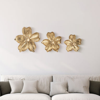 Rosdorf Park Gold Metal & Glass Wall Flowers with Acrylic Accents - Set of 3 Glam Wall Decor, 18" for Home, Bedroom, Living Room, Office.