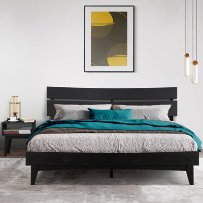 2-Pcs Bedroom Set – Solid Wood Queen Platform Bed Frame & Matching Nightstand, Mid-Century Modern, Black Ristretto Finish, 800 lbs Capacity, No Box Sp