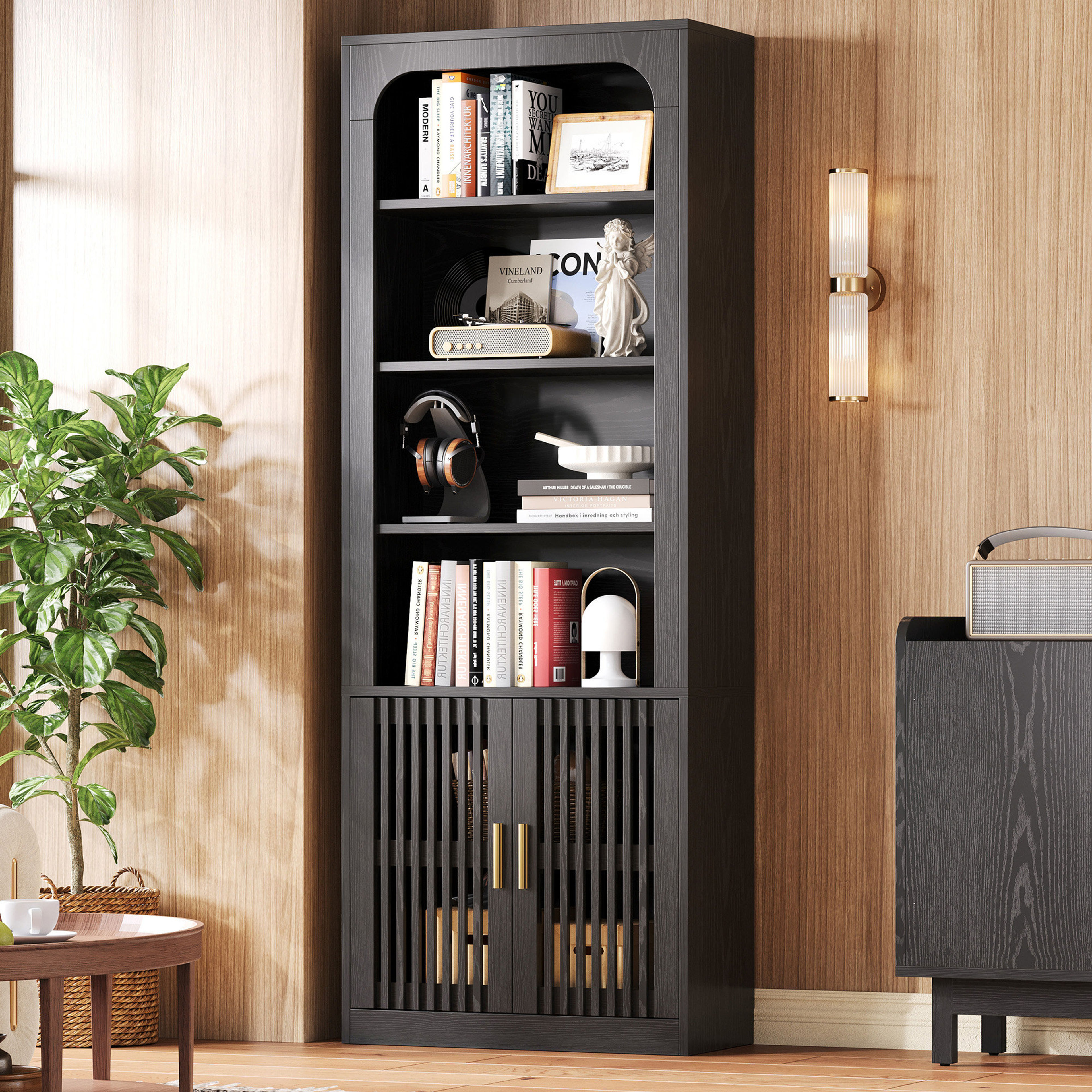 Mid-Century 6-Tier Black Bookcase with Grille Doors