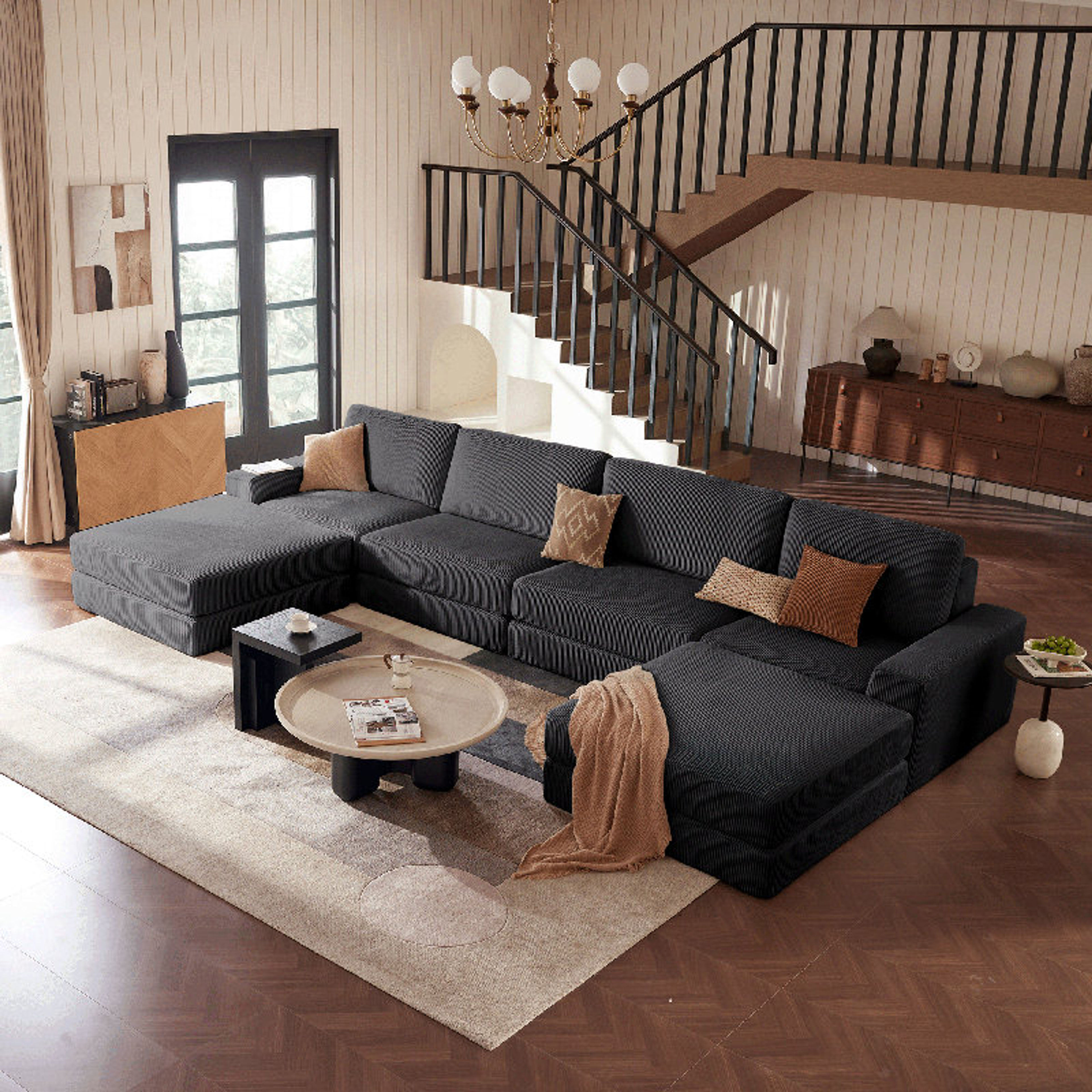 160" Gray L-Shaped Modular Sectional Sofa with Ottomans