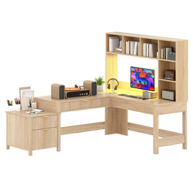 George Oliver L Shaped Desk With Drawers, Office Desk With Power Outlet, LED Lights, Hutch And File Cabinets | Wayfair