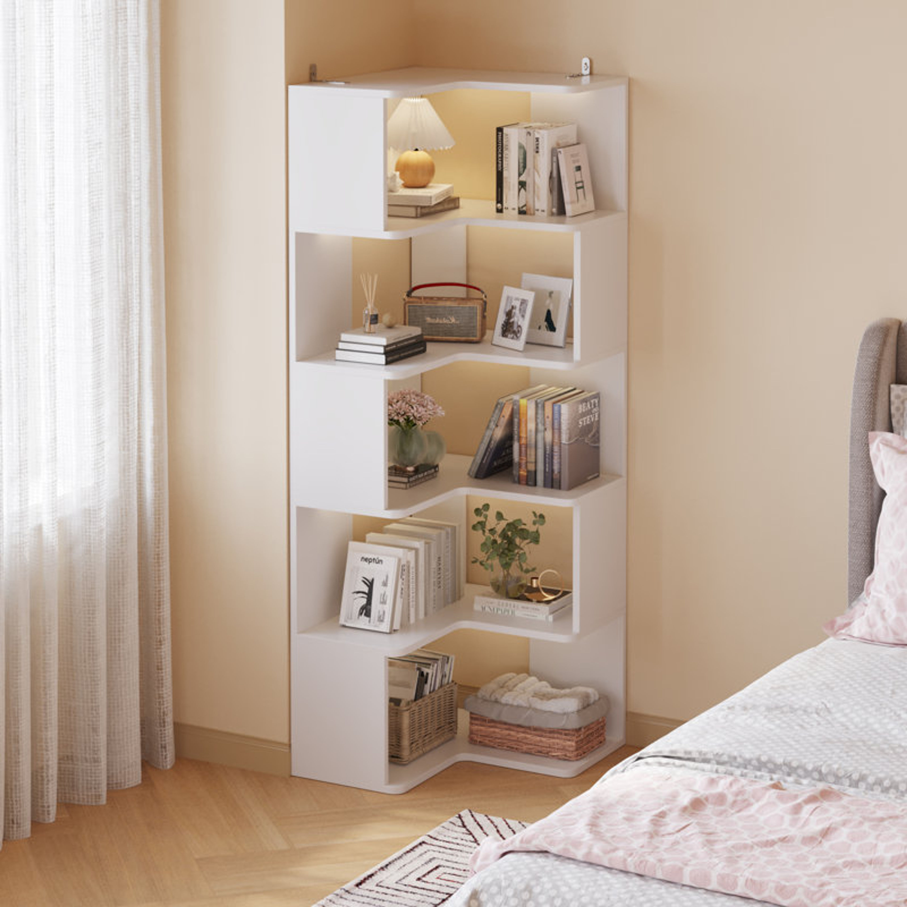 White 6-Tier L-Shaped Corner Bookshelf Ebern Designs
