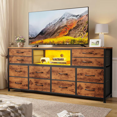 Led Tv Stand Dresser For Bedroom With Power Outlets, 55 Inch Entertainment Center With 12 Drawers