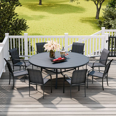 8 Person Patio Dining Set with 53" Round Metal Dining Table and 8 Stackable Textilene Chairs