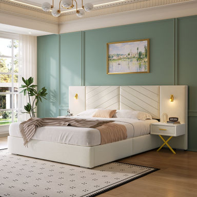 Mercer41 Velvet Upholstered Platform Bed With Wingback Headboard, Built-in Bedside Tables, Led Lights, And Strong Wooden Slats, No Box Spring Needed & Reviews | Wayfair