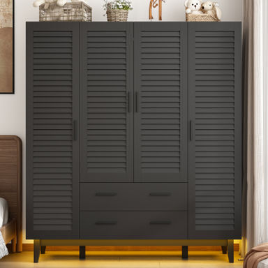 Ivy Bronx 4 Door 71" Armoire Wardrobe With LED Lights, Hanging Rod, Drawers, And Shelves & Reviews | Wayfair