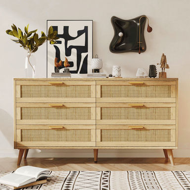Jakoby Rattan 6 Drawer Double Dresser for Bedroom, Chest of Dressers, Modern Dresser Drawer Chest