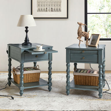 Dziekan Traditional 26" Tall Solid Wood End Table with Extendable Tray and Built-in Charging Outlets(Set of 2)