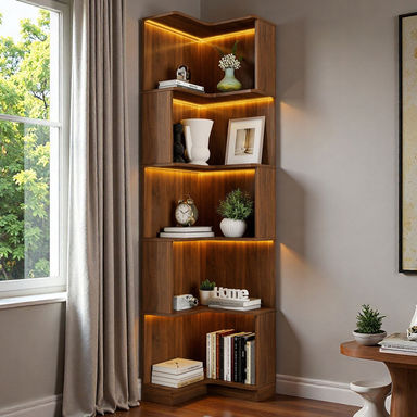 5-tier Walnut Corner Bookcase, L-shaped Shelves With Baffles, Wooden Bookshelf With Display Led Lights, For Living Room & Office