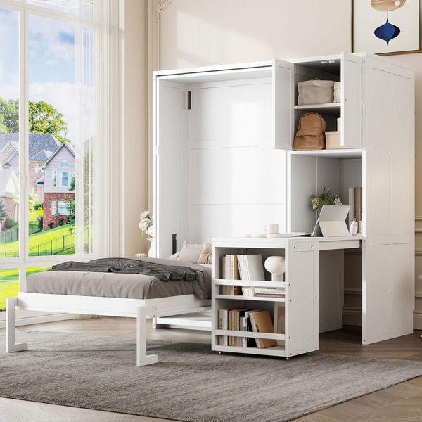 Twin Size Rotating Wall Murphy Beds With Bookshelf, Top Cabinet, Extendable Desk & Side Storage