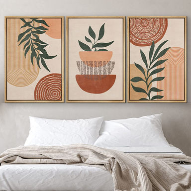 Mid Century Modern Boho Geometric Polygon Palm Leaf - 3 Piece Floater Frame Graphic Art Set on Canvas