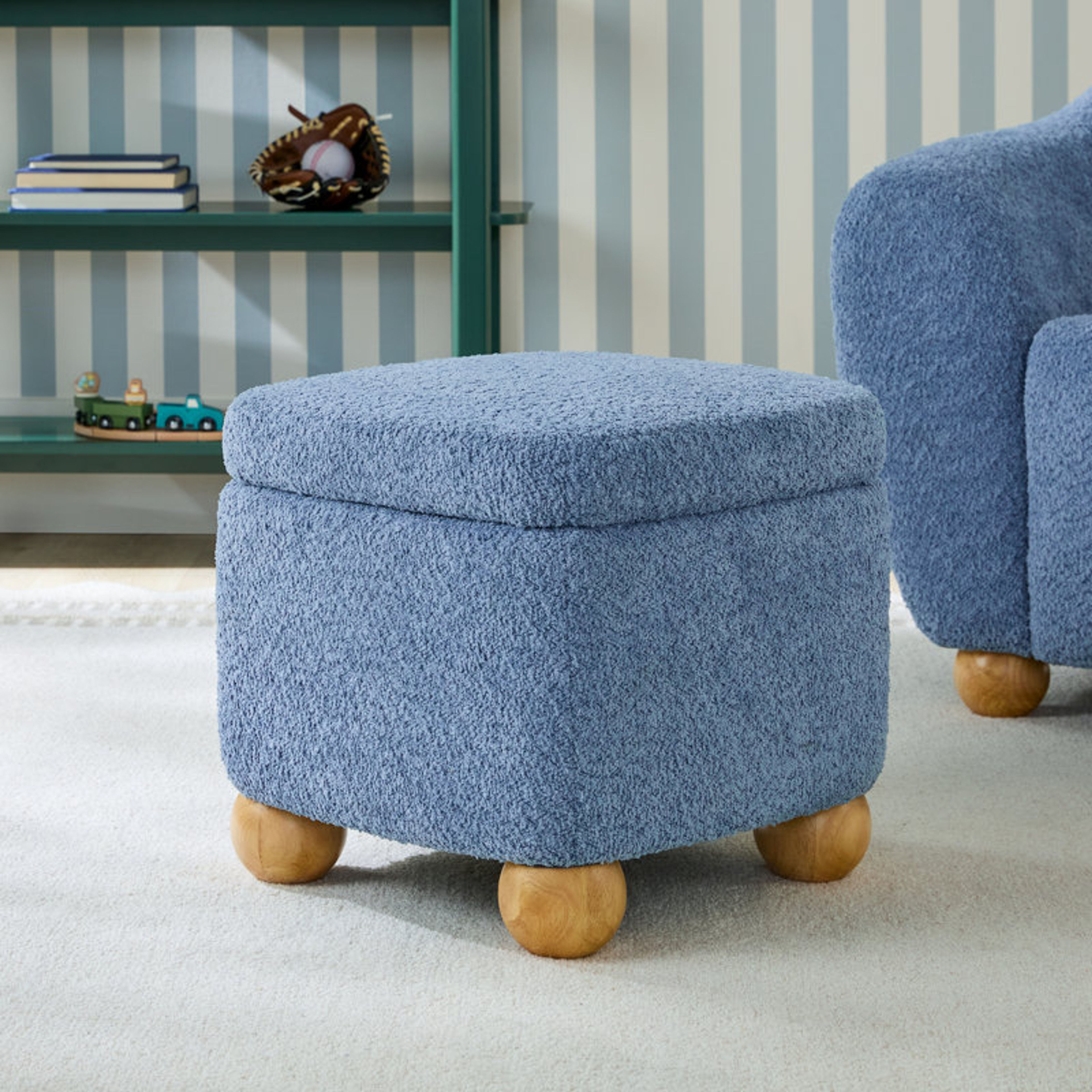 Contemporary Blue Bouclé Storage Ottoman with Wood Legs