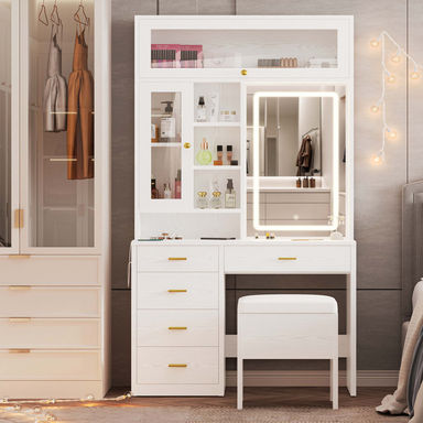 Modern Style 74.4"h Vanity Desk With Led Lighted Mirror And Power Outlet,makeup Vanity Table With Drawers And Open Cubies And Cabinets, White