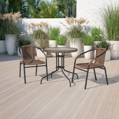 28'' Round Metal Table with Rattan Edging and 2 Rattan Stack Chairs