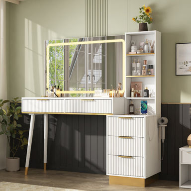Mercer41 48" Vanity Desk with 35" Large Lighted Mirror, 5 Drawers & Shelves & Charging Station