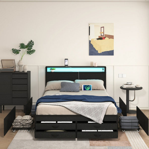 Bed Frame With 8 Storage Drawers, Led Headboard With Charging Station, Metal Platform Bed Frame