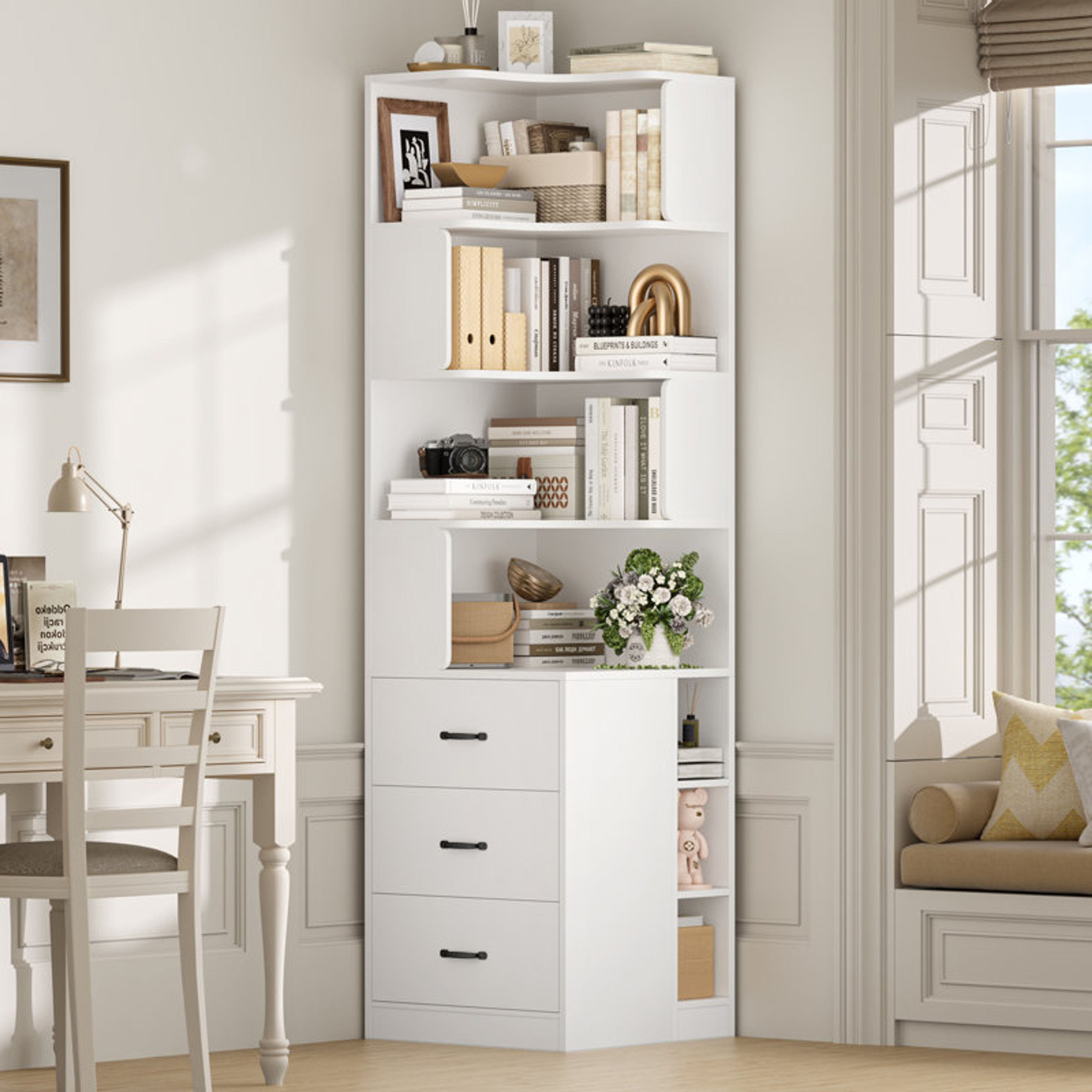 76.8" White L-Shaped Corner Bookcase with 3 Drawers