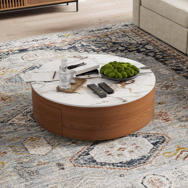 Daniel-Jack Drum Coffee Table, Sintered Stone Top, 2 Solid Wood Drawers, Fully-Assembled