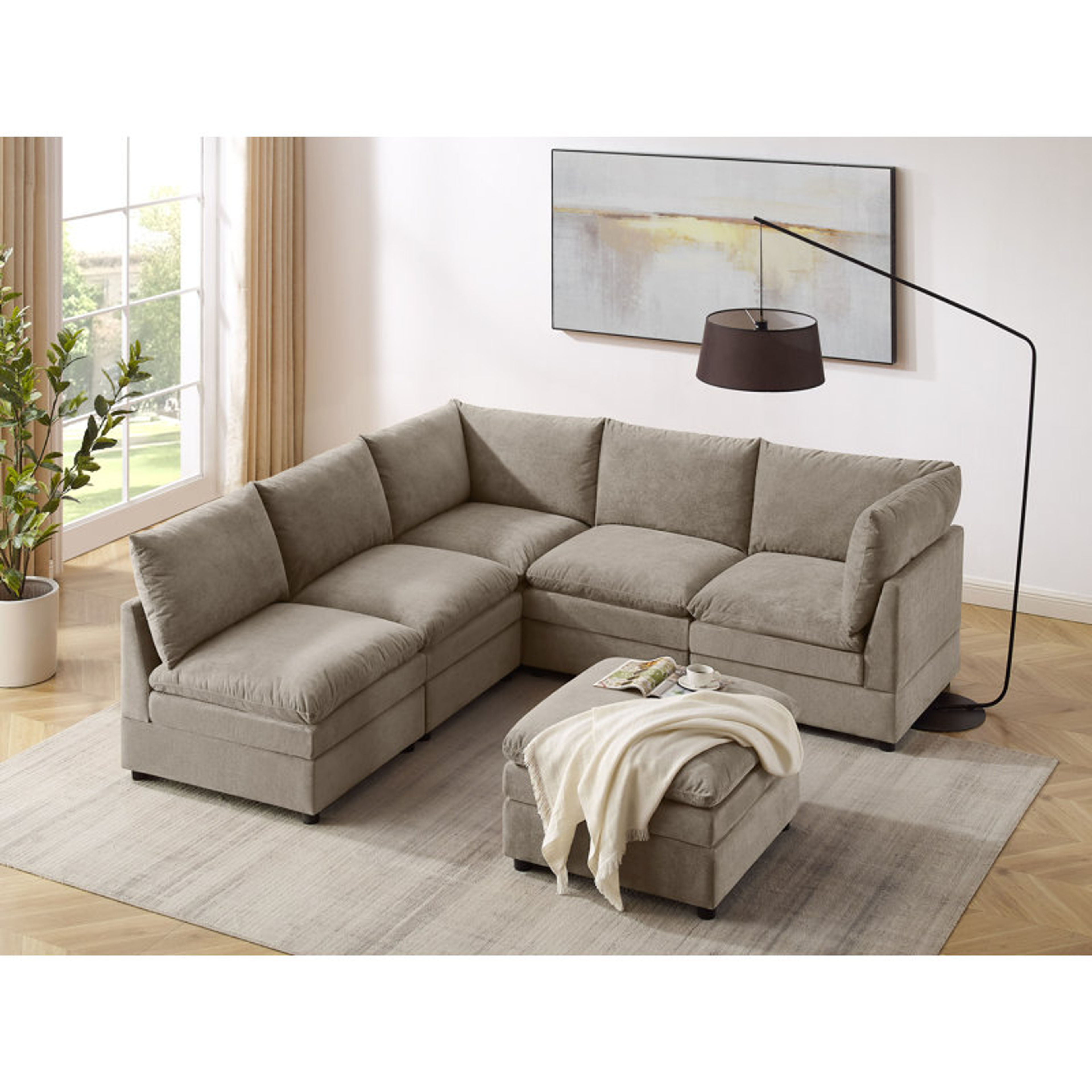 Modular 6-Piece Upholstered Sectional Sofa with Ottoman in Tan