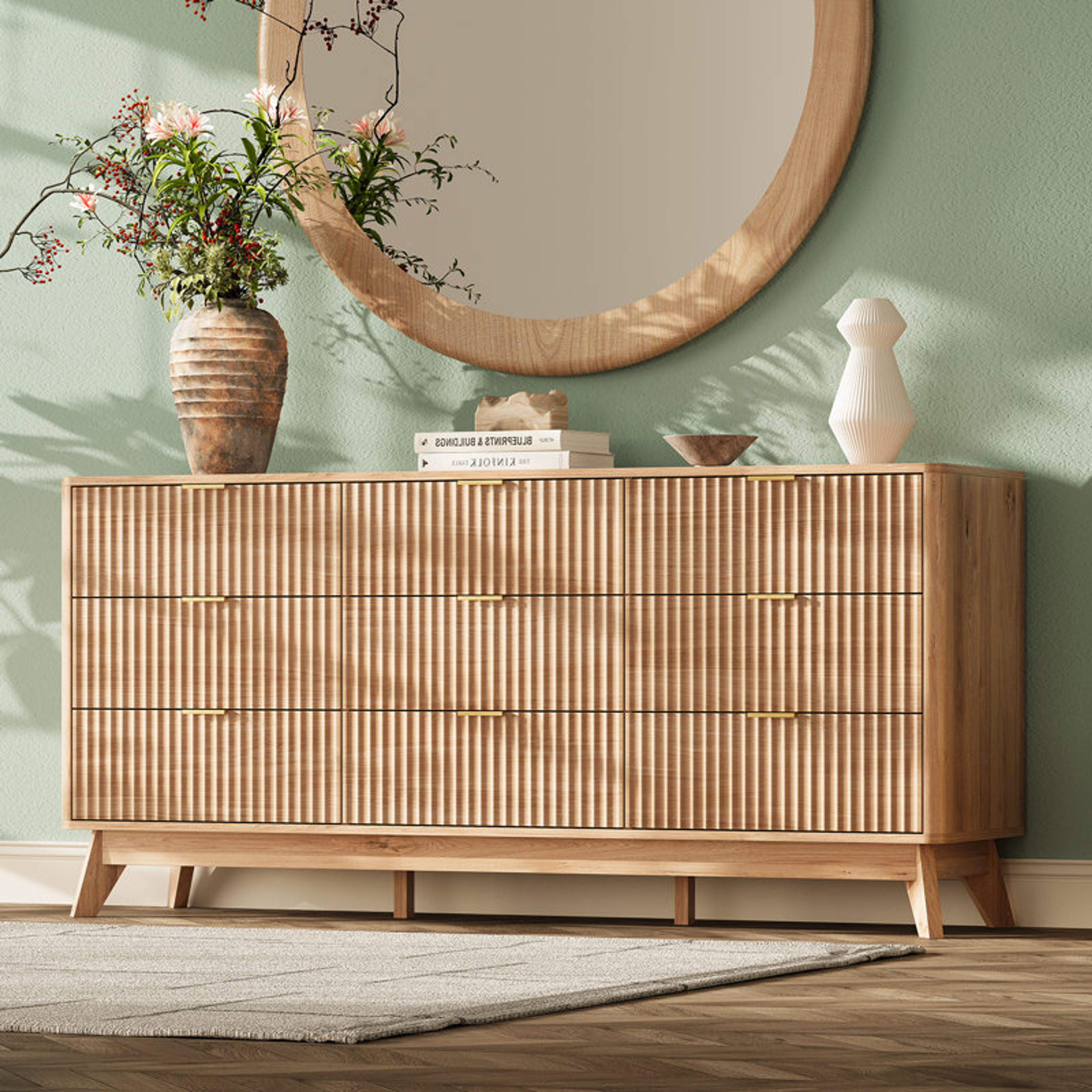 Donati 9-Drawer Fluted Wood Dresser - Natural Scandinavian Style