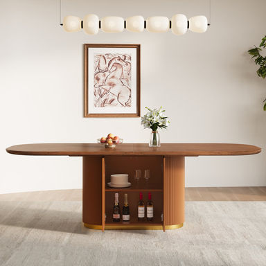 86.6" Oval Brown Wood Dining Table with Built-in Storage Shelf