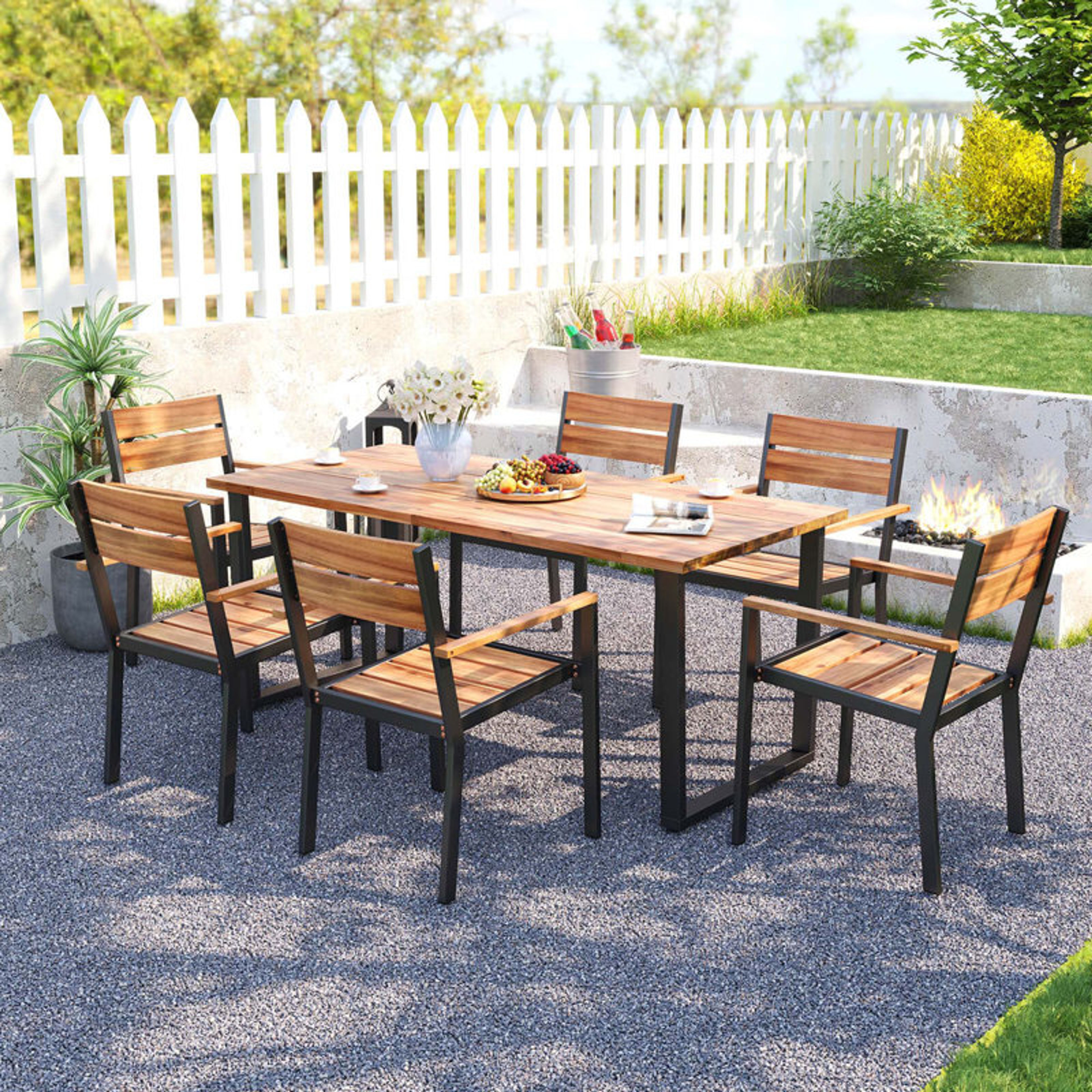 7-Piece Acacia Wood Patio Dining Set: 6 Armchairs & 69" Table