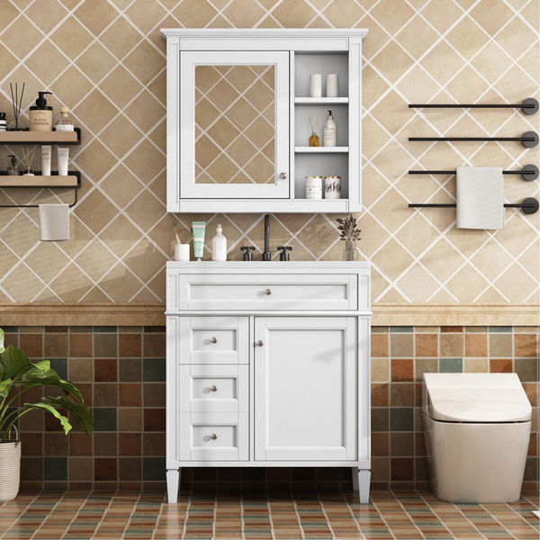30"Bathroom Vanity With Top Sink, Modern Bathroom Storage Cabinet With 2 Drawers And A Tip-Out Drawer, Freestanding Vanity Set With Mirror Cabinet, S