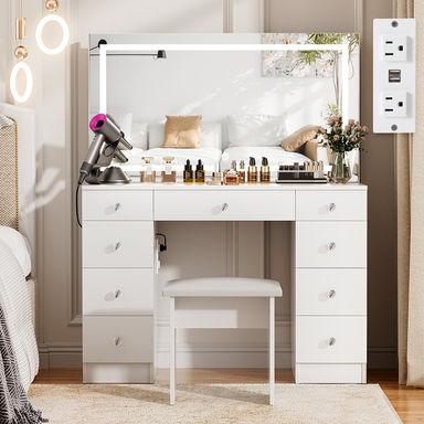 Latitude Run® Greyden Vanity Set With LED Mirror & Power Outlets, 9 Drawers with Diamond Handles & Reviews | Wayfair