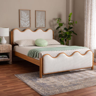 Studio Lilia Mid-Century Modern Scalloped Cream Boucle And Oak Brown Wood Queen Platform Bed