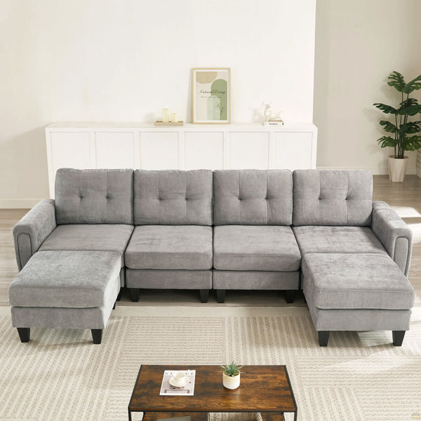 Sectional Sofa 115" U-Shaped Sofa Upholstered Sofa Couch With Two Movable Ottomans, Usb Ports And Side Tables